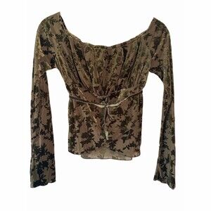 Women’s Mesh Velvet Trim Long Sleeve Blouse Size S Green Floral Tie Waist